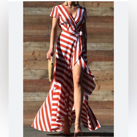 Bamboo Apparel striped adjustable waist wrap ruffle maxi dress size Med NWOT - Picture 2 of 6
